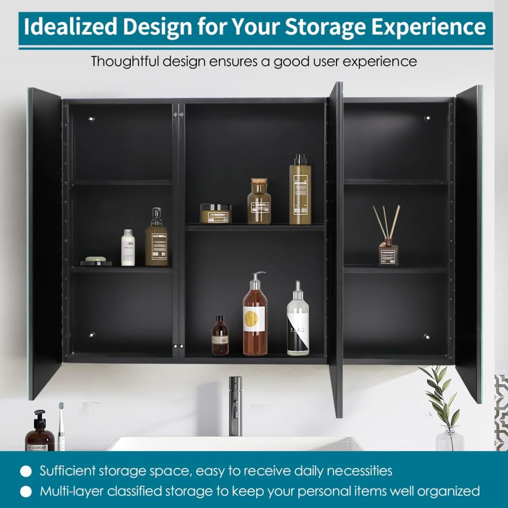 Movo 40 Inch x 28 Inch Black Bathroom Mirror Medicine Cabinet, Frameless Large Wall Mount Medicine Cabinet with 3 Doors,Rmovable Shelves