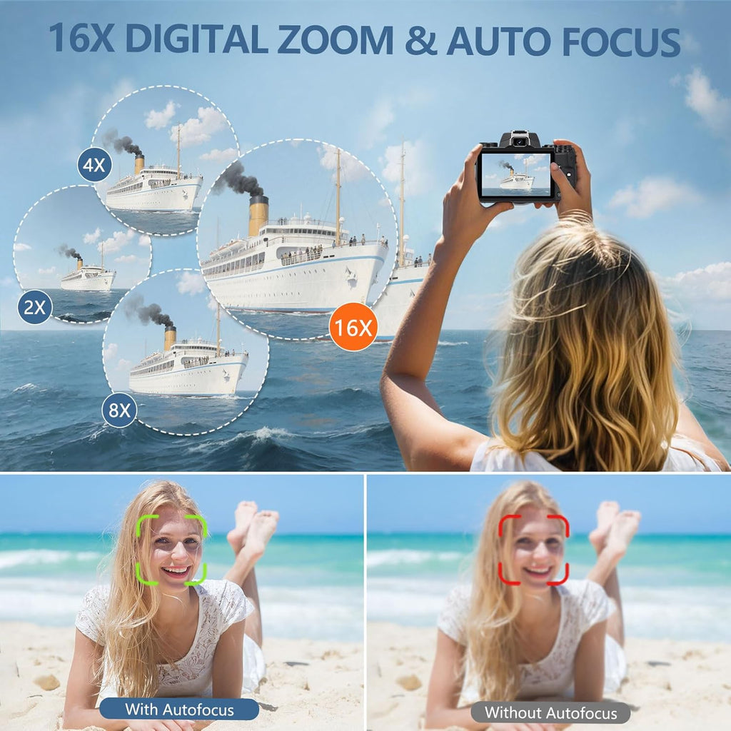 8K Digital Cameras for Photography, WiFi 64MP Vlogging Camera for YouTube, 4" Touch Screen Digital Camera with Dual Lens, Auto Focus, 16X Digital Zoom, 3000mAh Battery, 32GB Card, Black