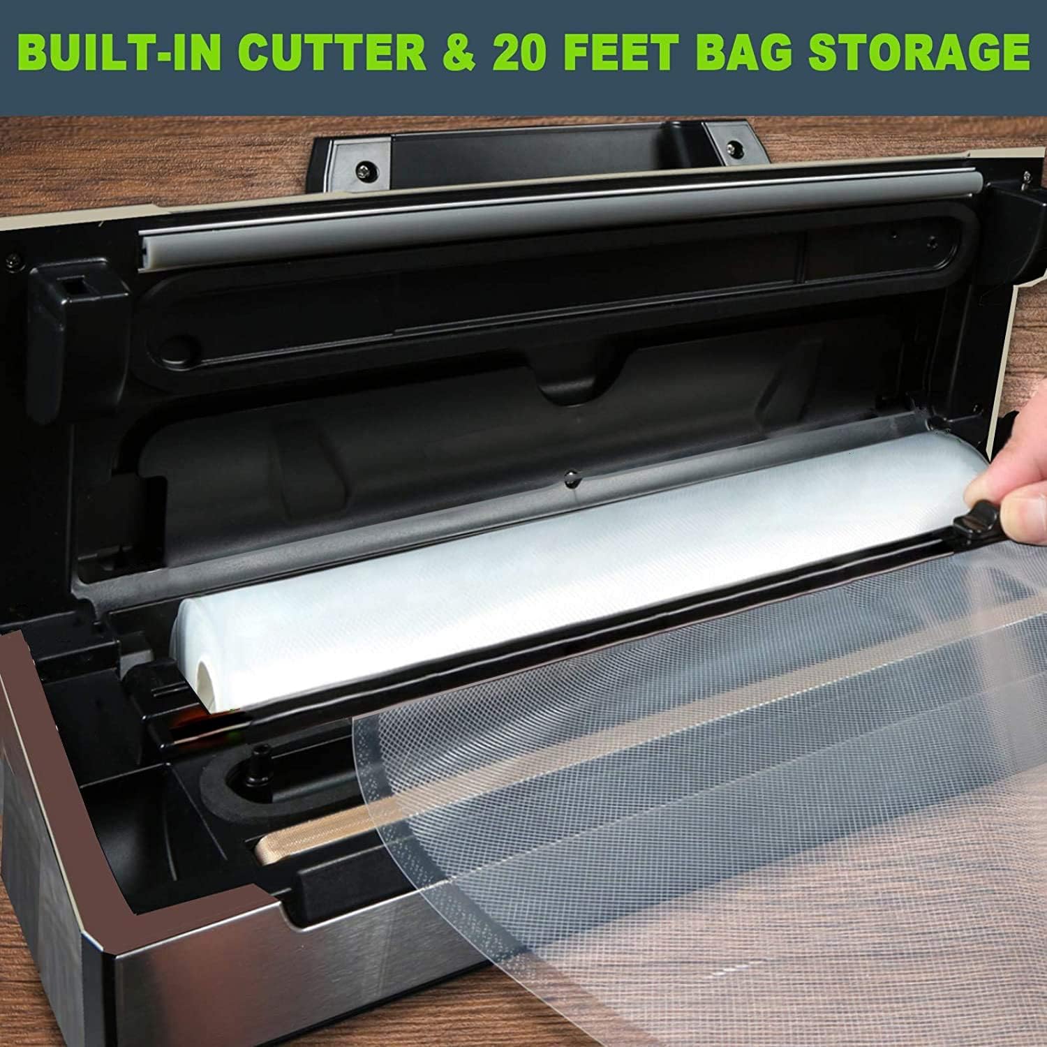 Potane Precision Vacuum Machine,Pro Food Sealer with Built-in Cutter and Bag Storage(Up to 20 Feet Length), Both Auto Manual Options,2 Modes,Includes 2 Bag Rolls 11”x16' and 8”x16',Compact Design