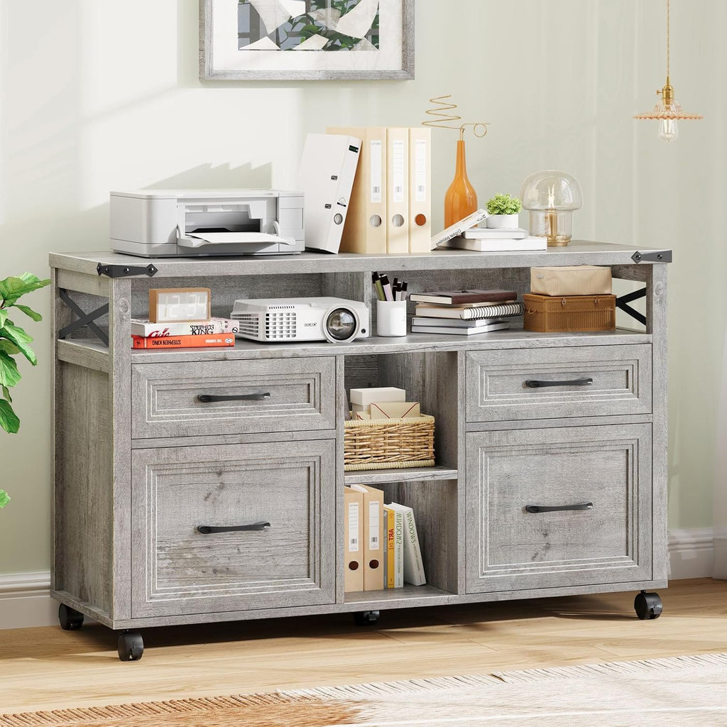 Vabches Farmhouse Filing Cabinet with Adjustable Shelf & Wheels, Lateral File Cabinets, Office Storage Cabinet with 4 Drawers and Open Storage Space, for Hanging Files Letter/A4, for Home Office.Grey