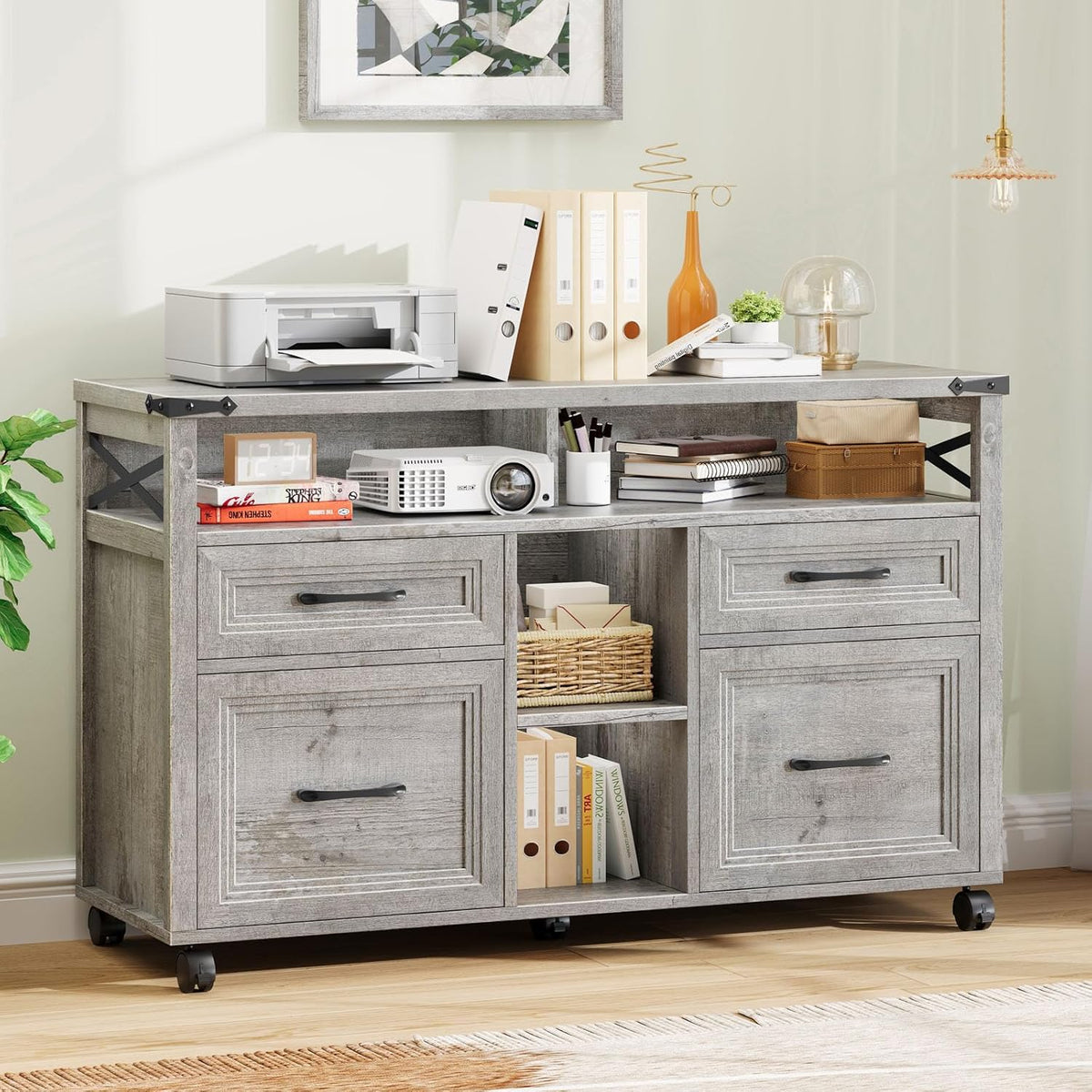 Vabches Farmhouse Filing Cabinet with Adjustable Shelf & Wheels, Lateral File Cabinets, Office Storage Cabinet with 4 Drawers and Open Storage Space, for Hanging Files Letter/A4, for Home Office.Grey