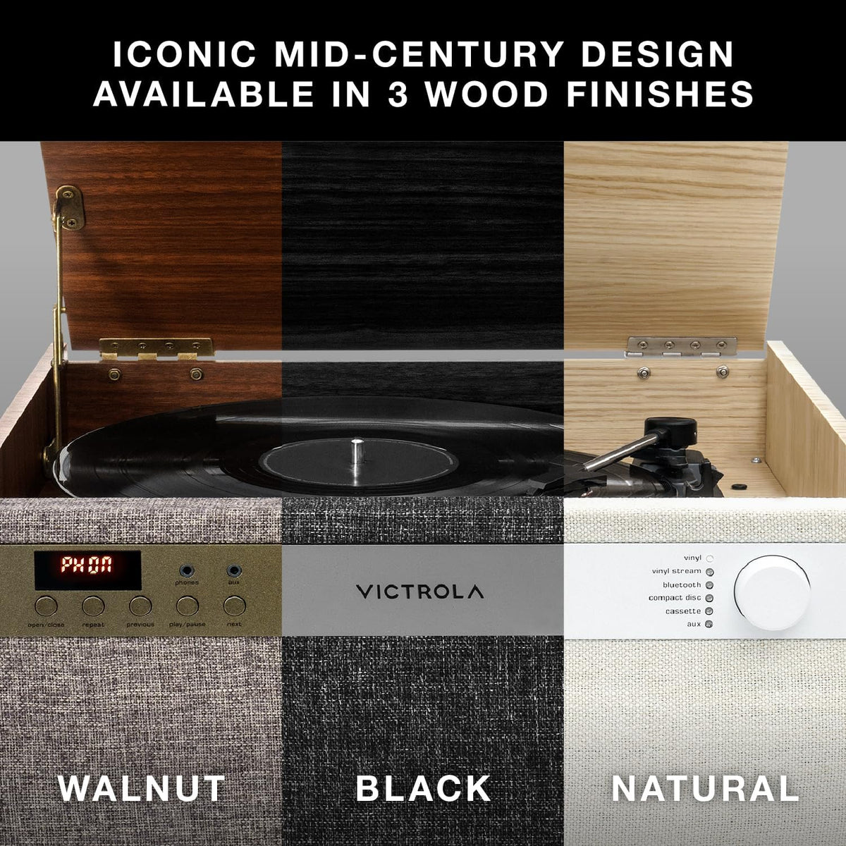 Victrola Century 6-in-1 Vinyl Record Player & Music Center – 3-Speed Turntable, CD & Cassette Player, VINYLSTREAM, Bluetooth & 3.5mm Aux, Record Player with Speakers, Mid Century Design (Walnut)