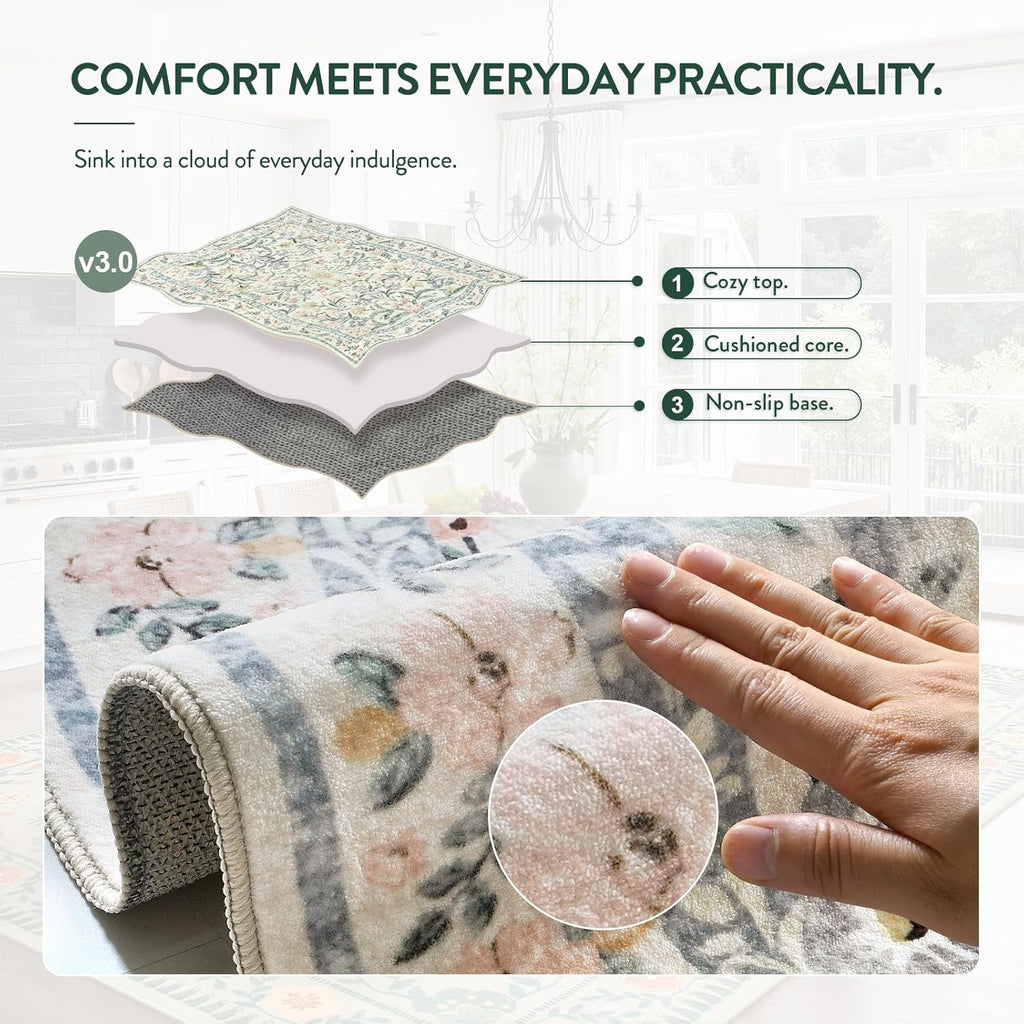 Lahome Sylvie Boho Rugs for Living Room, Washable Large 8 x 10 Area Rugs for Bedroom Non Slip, Soft Ultra-Thin Distressed Floral Throw Carpet for Office Dining Room, Cream/Multi