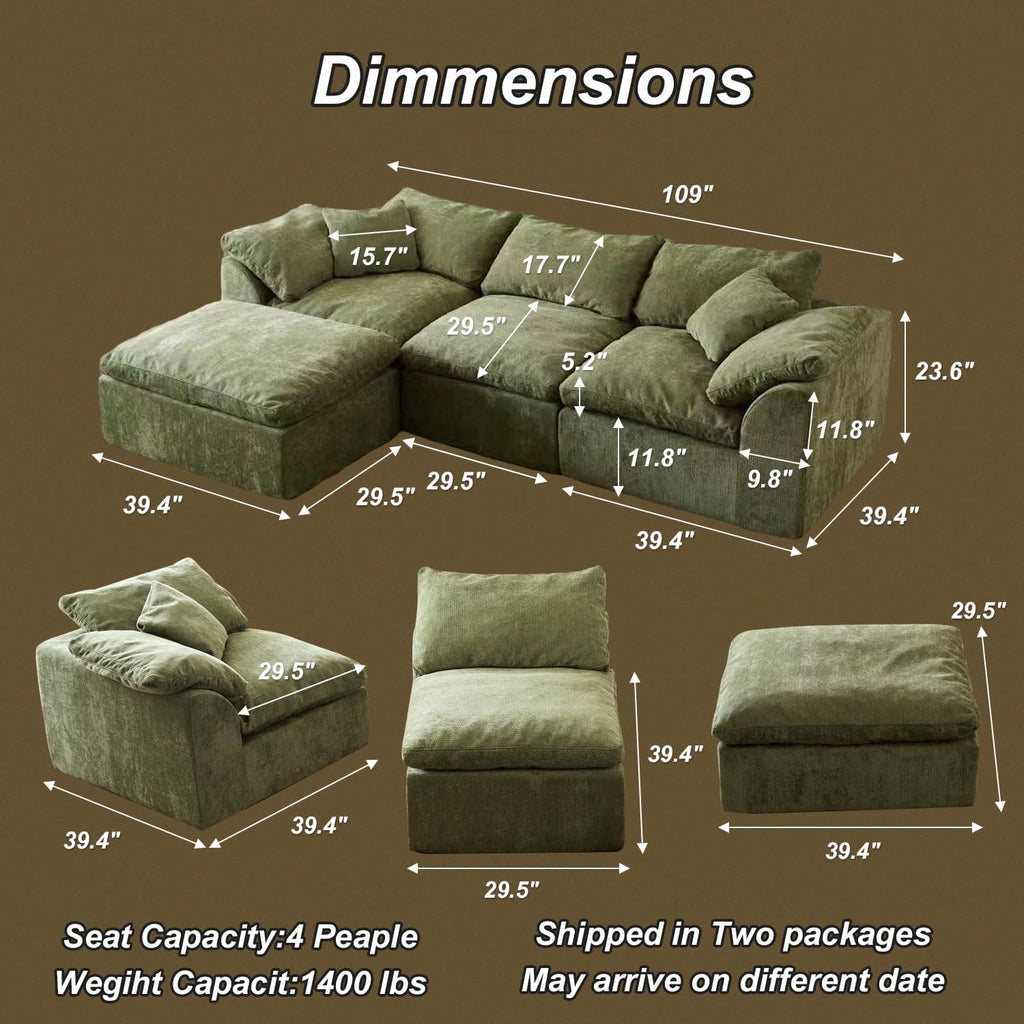 Oversized Cloud Couch Sectional Sofa for Living Room, Modular L Shaped Boneless Chenille Sofa with Chaise Lounge, Deep Seat Convertible Couch, Compressed No Assembly Floor Sofa(Green)
