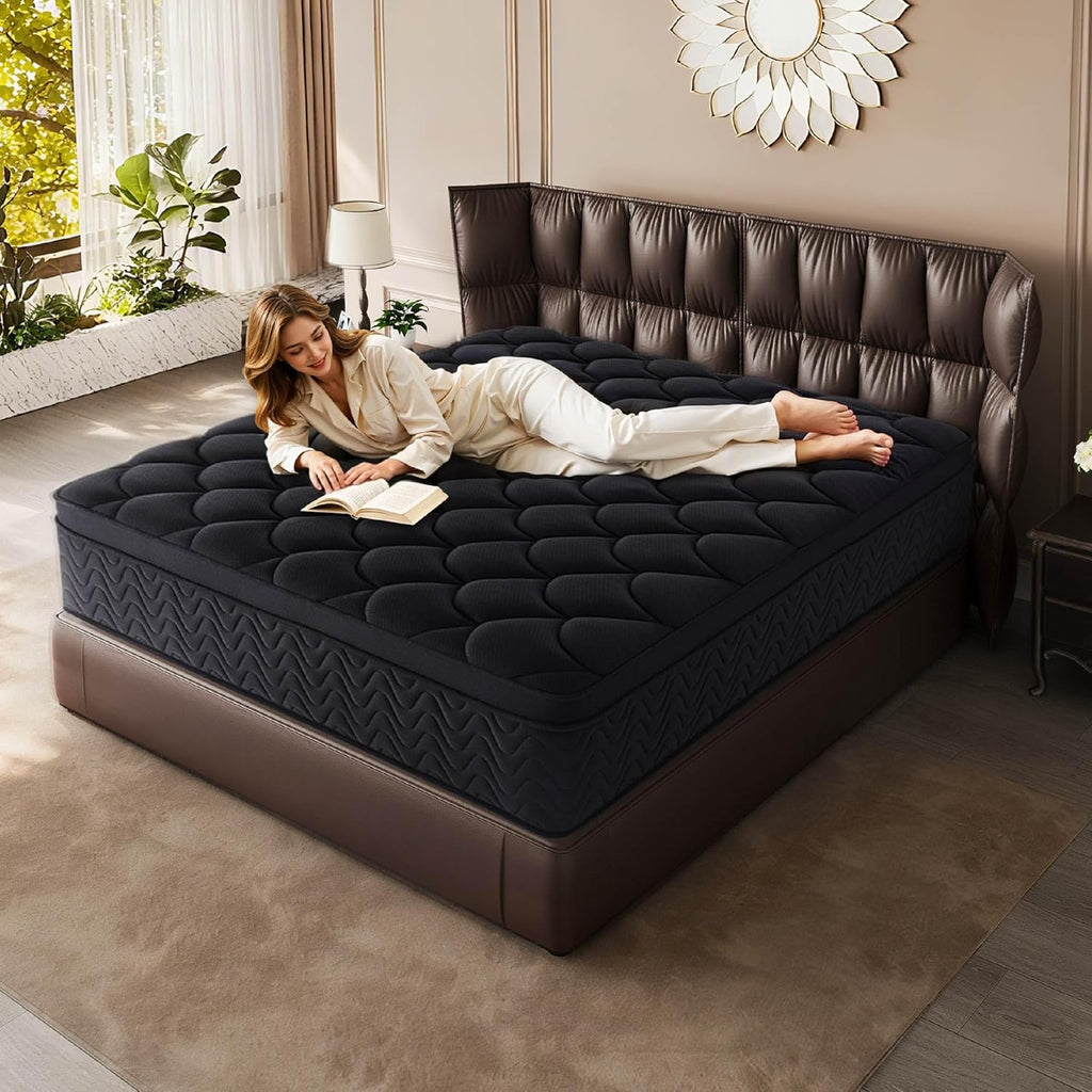 Premium 12 Inch King Mattress - Black Diamond Quilted, Individual Pocket Spring & Memory Foam Top, Cooling & Pressure Relief, Bed in a Box