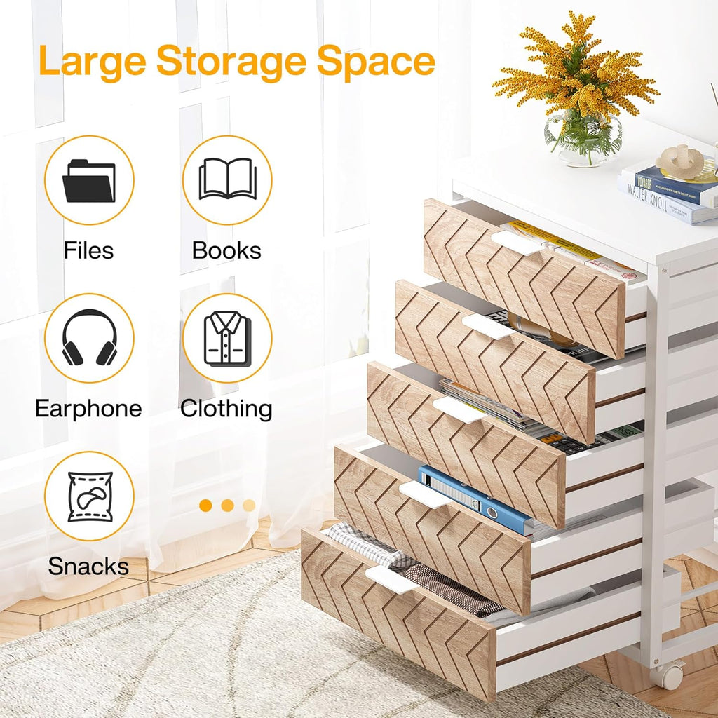 Tribesigns 5-Drawer File Cabinet, Wood Mobile Storage Drawer Unit, Industrial Office Cabinet with Drawers & Wheels, Rolling Printer Stand for Home Office, Beige & White