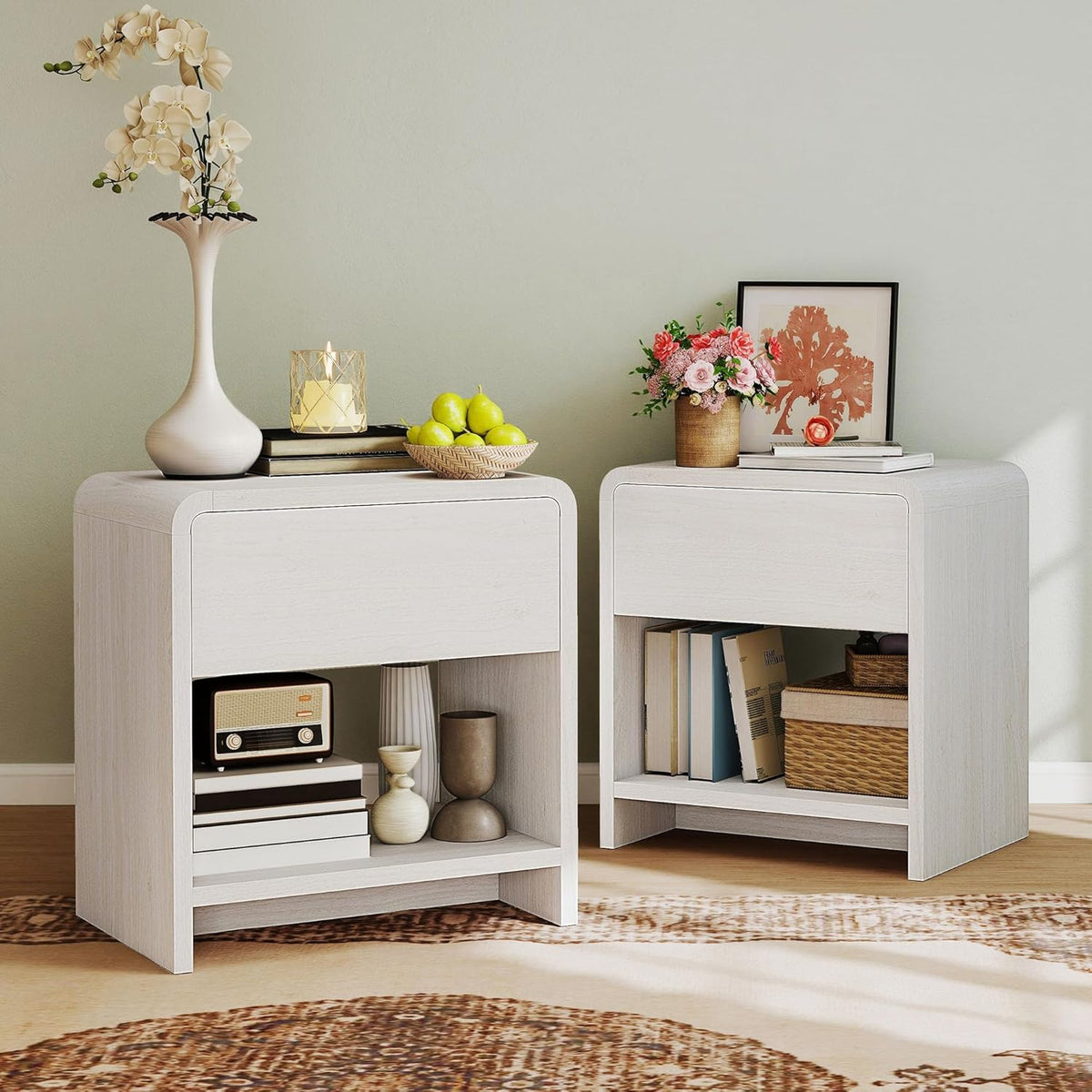 AMERLIFE Modern Night Stand Set 2 with Storage Drawer & Open Shelves, 24" Round Bedside Table Nightstand with Curved Top Corners for Bedroom Living Room Sofa Office, End Table for Small Spaces, White