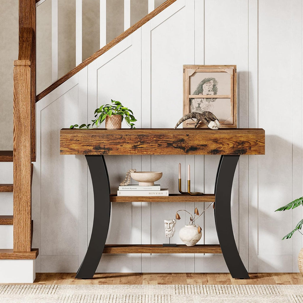 Tribesigns 41" Small Console Table for Entryway, 3-Tier Narrow Rustic Sofa Table with Storage Shelves and Curved Frame for Living Room, Entry, Hallway, Foyer, Rustic Brown