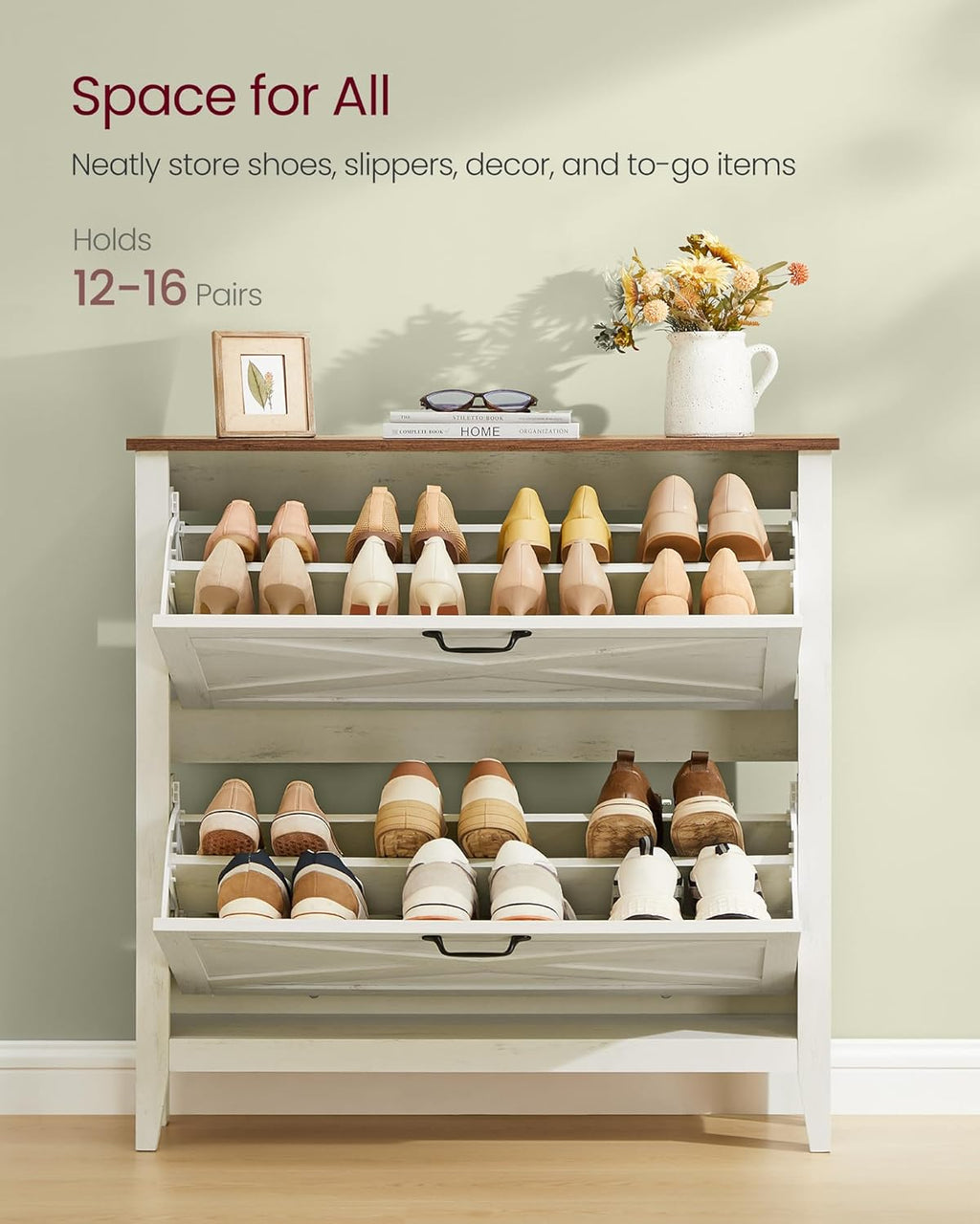VASAGLE LIRY Collection - Shoe Storage Cabinet Organizer with 2 Flip Drawers, Freestanding Narrow Shoe Rack Cabinet for Entryway, Farmhouse Style, Fits 12 to 16 Pairs, Rustic White UHSC201W01