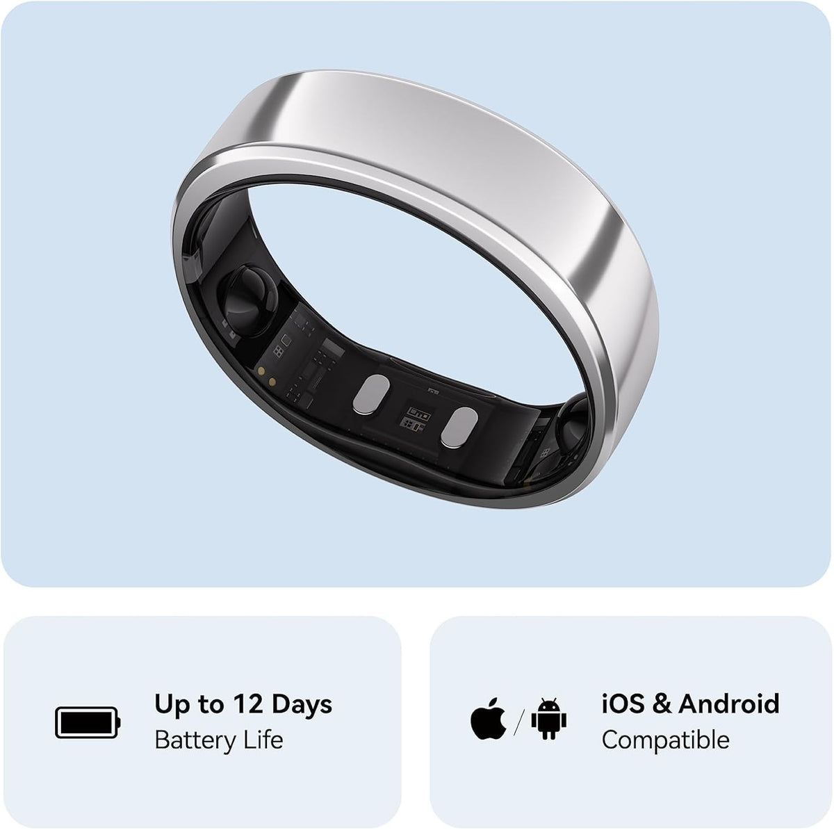 RingConn Gen 2, World's First Smart Ring with Sleep Apnea Monitoring, No APP Subscription, 12-Day Battery Life, Stress/Heart Rate/Women's Health Tracker, Android & iOS Compatible (Silver, Size 9)