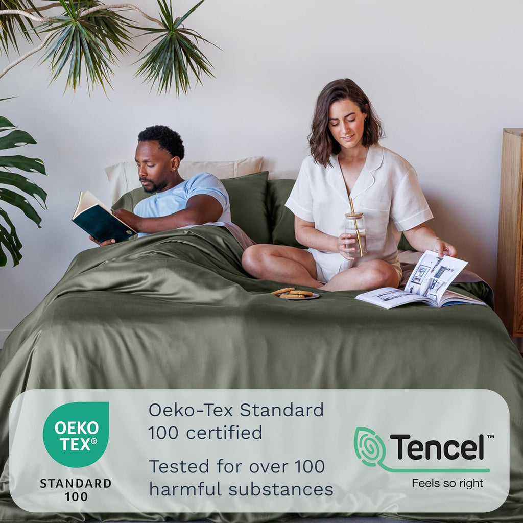 Olive + Crate Queen Size Tencel Duvet Cover Set - Hypoallergenic, Cooling Eucalyptus Duvet Cover for Hot Sleepers with Two Pillowcases - Moss 3-Piece