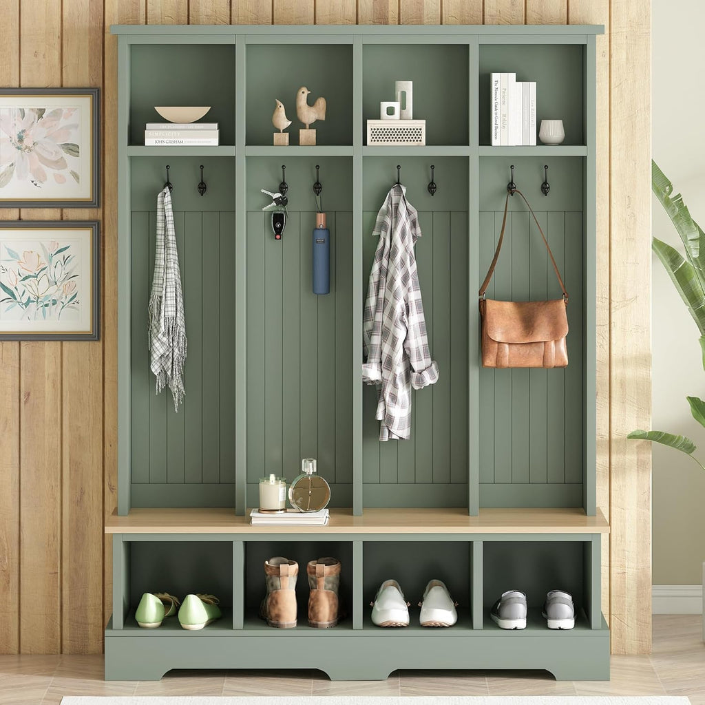 Farmhouse Wood Hall Tree with Bench, 3-in-1 Entryway Hall Tree with 8 Hooks, Open Shoe Compartments and Shelves for Living Room, Entrance, Hallway, Mint Green