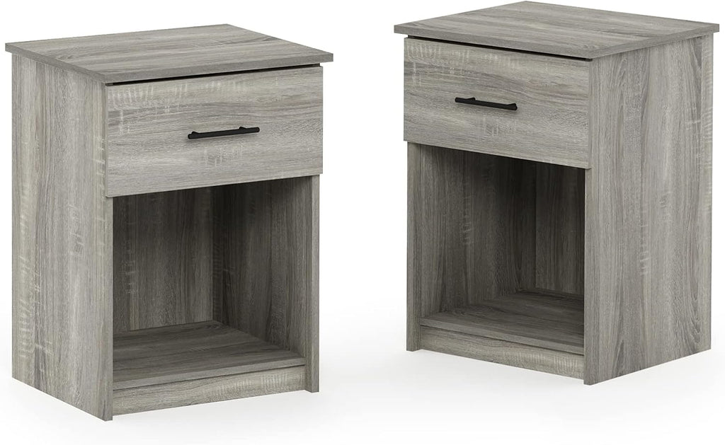 Furinno TIDUR Night Stand Set of 2, Modern Nightstand with Drawer, Bedside Table with Storage Shelf, End Table, Side Table, Bar Handle Drawer, for Bedroom, Closet, Dorm, Grey Oak