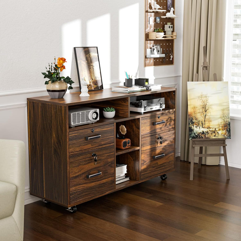VINGLI Dark Brown Wood Lateral File Cabinet with Lock, 4 Drawer & 4 Open Shelves, Rolling File Cabinet for Home Office, Letter Sized
