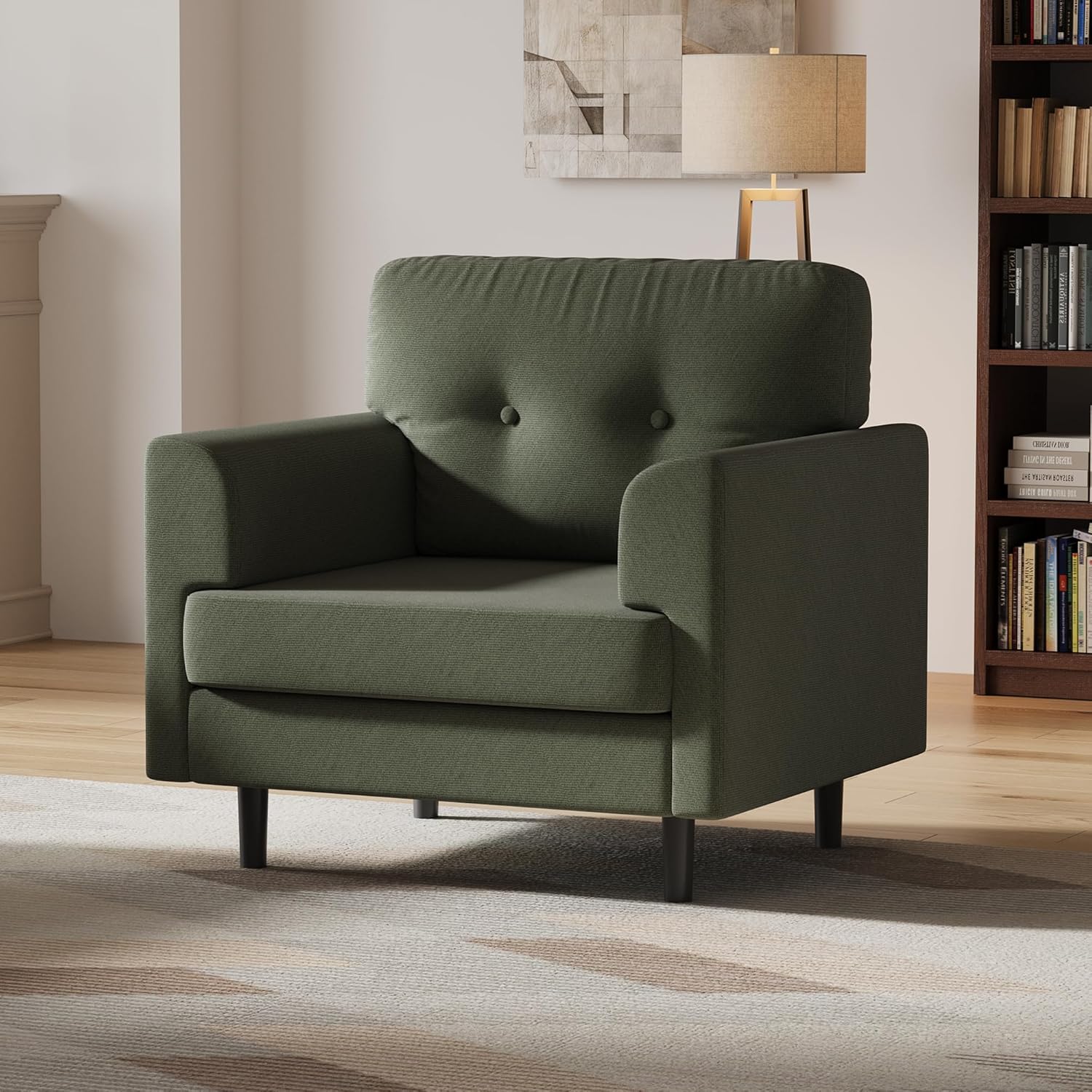 Garvee 38" Wide Sage Green Accent Chair, Modern Linen Upholstered Armchair with High-Density Foam, Comfy Reading & Lounge Chair for Living Room, Bedroom, Home Office & Reading Nook (Earthy Green Tone)