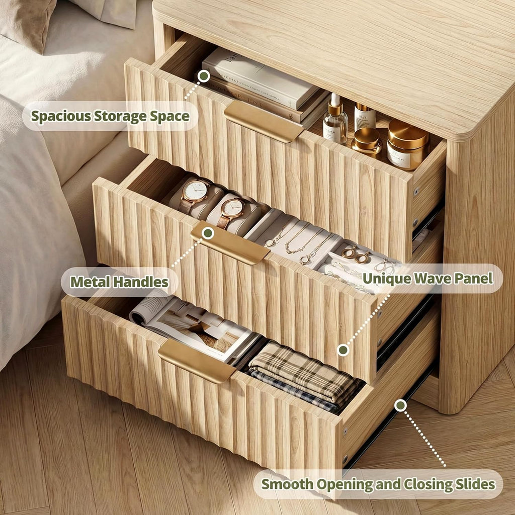 IRONCK Fluted Night Stand Set of 2, 22" Modern Nightstand with Charging Station & 3 Drawers, Bedside Table for Bedroom, Natural Oak