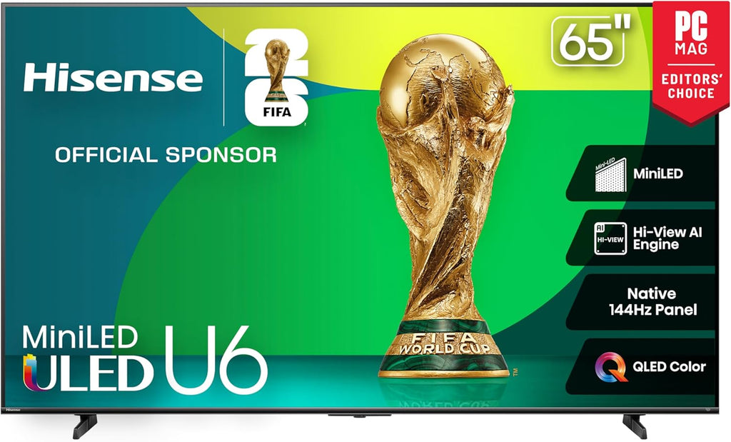 Hisense 65" Class U6 Series Mini-LED 4K UHD Smart Fire TV (65U65QF, 2025 Model) - QLED, Native 144Hz, HDR10+, Dolby Vision IQ, Dolby Atmos, Game Mode Pro, ALLM, Alexa Built in, Black