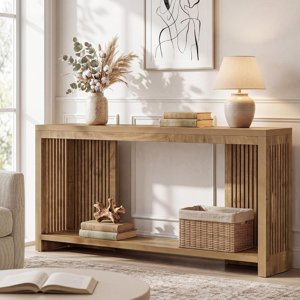 Tribesigns 70.9-Inch Long Entryway Table with 2-Tier Storage, Farmhouse Narrow Sofa Console Table with Vertical Stripe Legs, for Entrance, Entryway, Hallway, Foyer, Behind the Couch, Brown