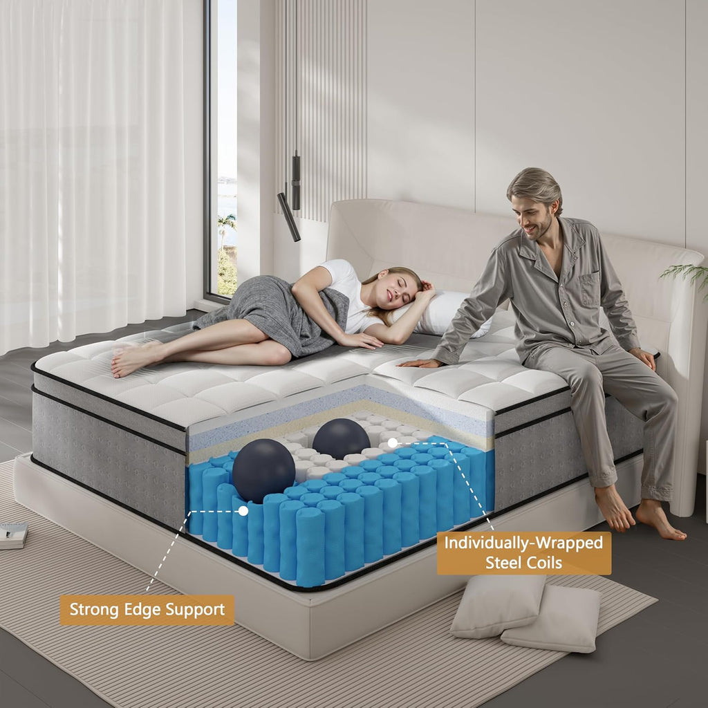 LETMOON 14 Inch Queen Mattress, Luxury Hybrid Queen Size Mattresses with Cooling Gel Memory Foam, Pocket Springs, Deep Pressure Relief, Edge Support & Motion Isolation, Medium