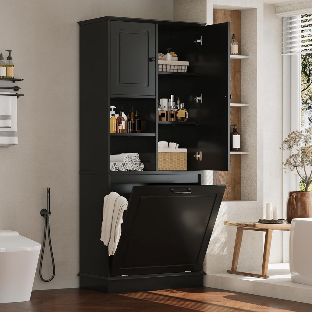 68" Tall Bathroom Storage Cabinet with Two Doors and Laundry Hamper for Home Display Organizer, Adjustable Shelf, Gray