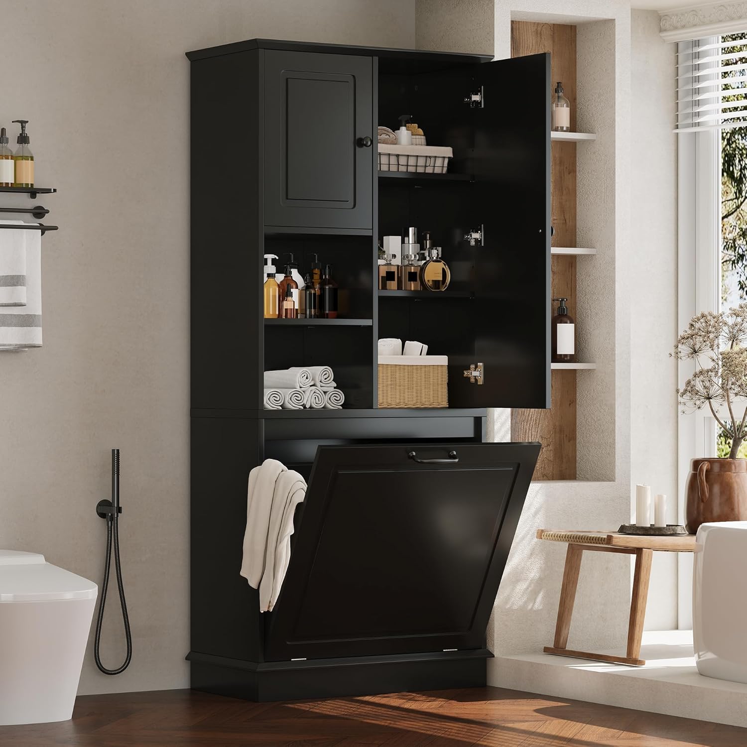 68" Tall Bathroom Storage Cabinet with Two Doors and Laundry Hamper for Home Display Organizer, Adjustable Shelf, Gray