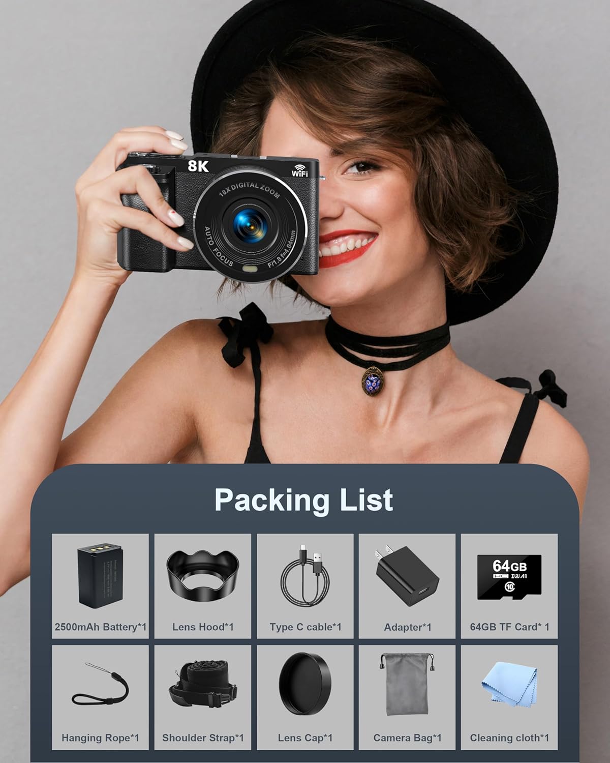 8K Digital Camera, 88MP Cameras for Photography, WiFi Vlogging Camera for YouTube with 3" 180° Flip Screen, 18X Zoom UHD Autofocus Video Camara with Lens Hood, 64GB Card