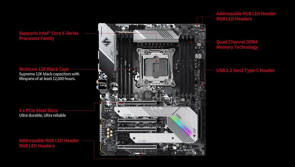 ASRock X299 Steel Legend LGA2066 ATX Motherboard | Intel Core X-Series | DDR4 4200+ (OC) | Dual M.2 | USB 3.2 Gen2x2 | Dual Intel LAN | 11 Phase Power | RGB Lighting