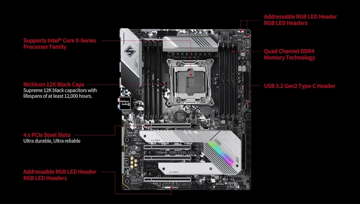 ASRock X299 Steel Legend LGA2066 ATX Motherboard | Intel Core X-Series | DDR4 4200+ (OC) | Dual M.2 | USB 3.2 Gen2x2 | Dual Intel LAN | 11 Phase Power | RGB Lighting