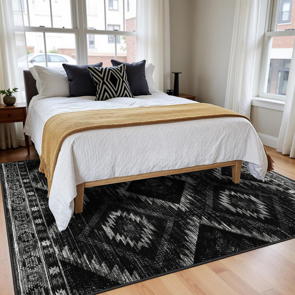 Area Rug 9x12 Rug Machine Washable Non-Slip Low Pile Print Pattern Western Rug for Living Room Bedroom Entryway Tribal Series -Black