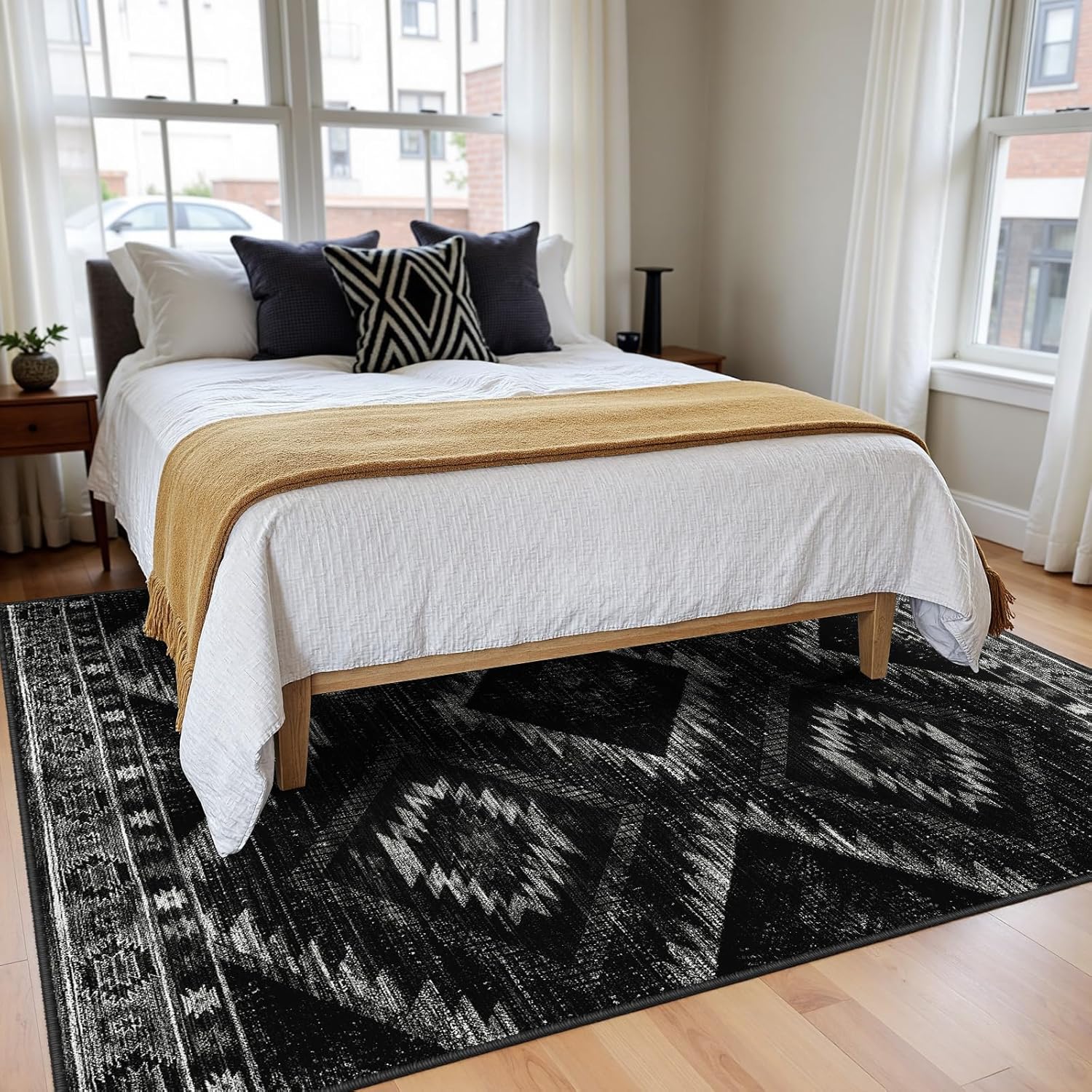 Area Rug 9x12 Rug Machine Washable Non-Slip Low Pile Print Pattern Western Rug for Living Room Bedroom Entryway Tribal Series -Black