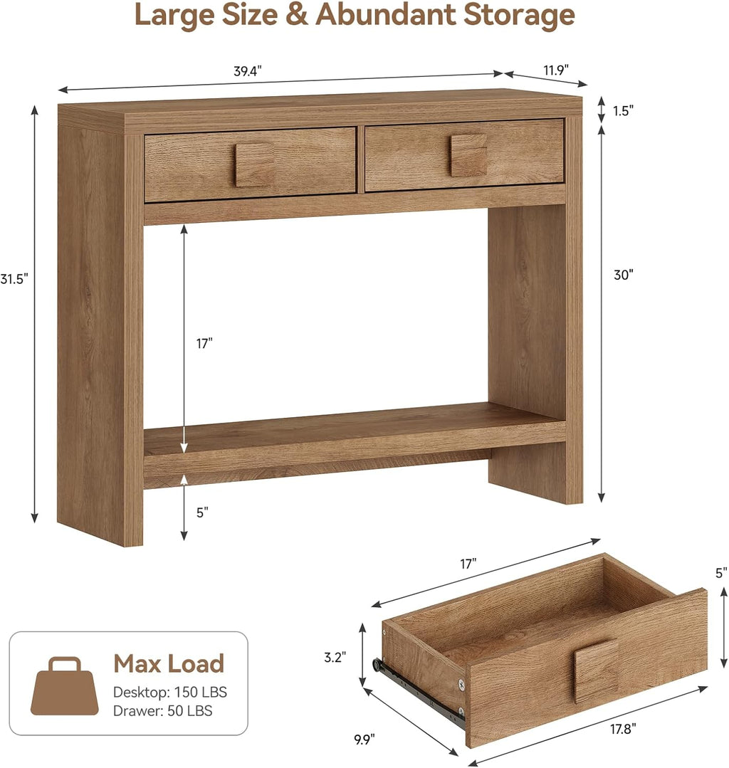 ONBRILL Console Table with Drawers, 40 Inch Narrow Entryway Table with Open Storage Shelves, Mid Century Modern Hallway Accent Tables Behind Couch Table for Living Room (Natural Oak)