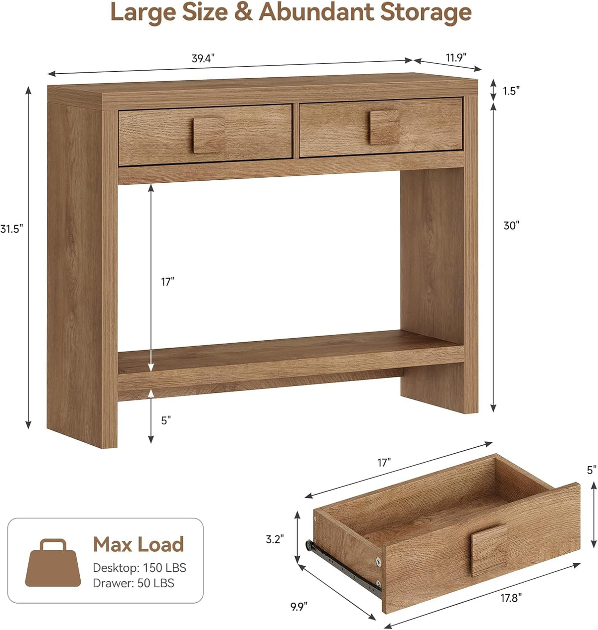 ONBRILL Console Table with Drawers, 40 Inch Narrow Entryway Table with Open Storage Shelves, Mid Century Modern Hallway Accent Tables Behind Couch Table for Living Room (Natural Oak)