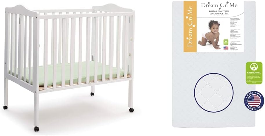 Delta Children Folding Portable Mini Baby Crib with 1.5-inch Mattress - Greenguard Gold Certified, White & Dream On Me Holly 3” Fiber Portable, Greenguard Gold Certified, White