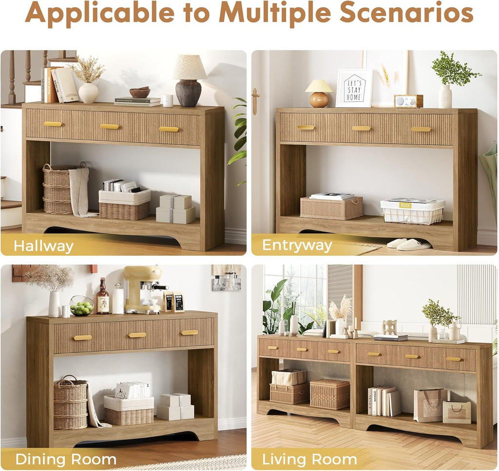 Fluted Console Table with Drawers, 47" Narrow Entryway Table with 3 Drawers and Open Storage Shelf, Long Sofa Tables Modern Behind Couch Tables for Living Room, Foyer and Hallway