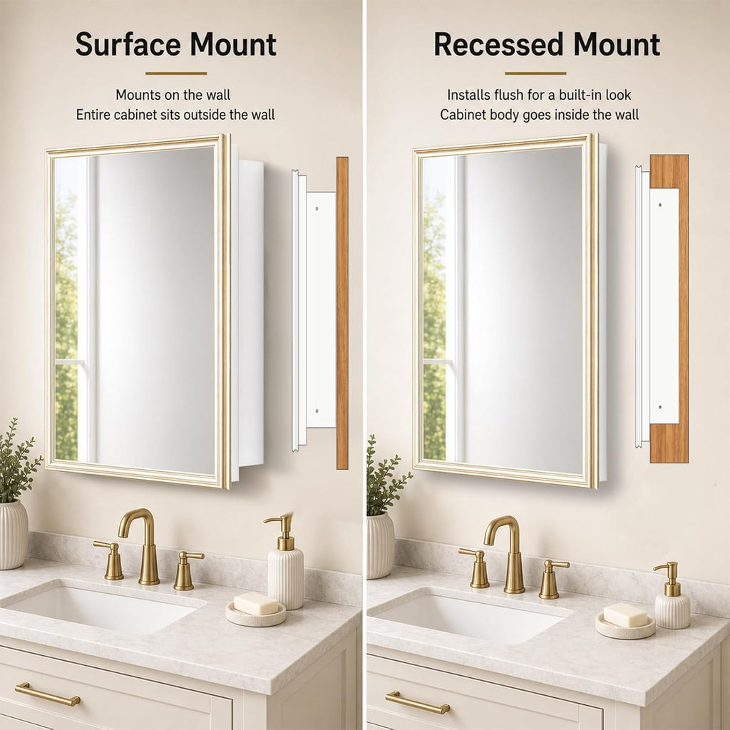 Fundin 16 x 26 White Metal Mirror Cabinet for Bathroom, Gold Beveled Frame Mirror, Recessed or Surface Mount Medicine Cabinet with Adjustable Shelves and Piano Hinge