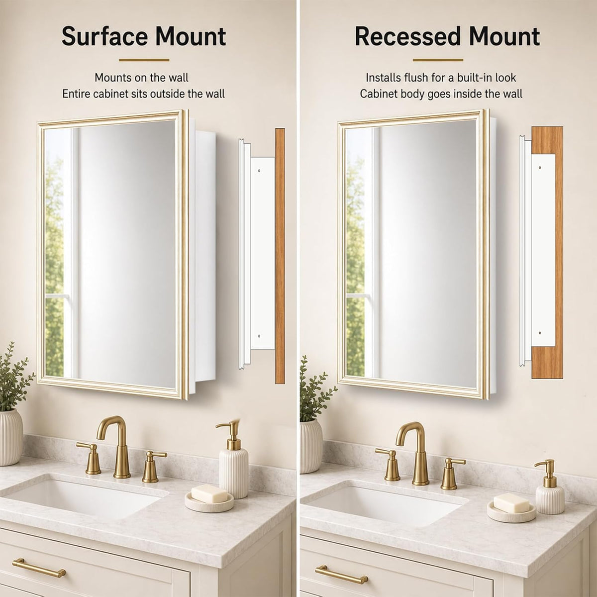 Fundin 16 x 26 White Metal Mirror Cabinet for Bathroom, Gold Beveled Frame Mirror, Recessed or Surface Mount Medicine Cabinet with Adjustable Shelves and Piano Hinge