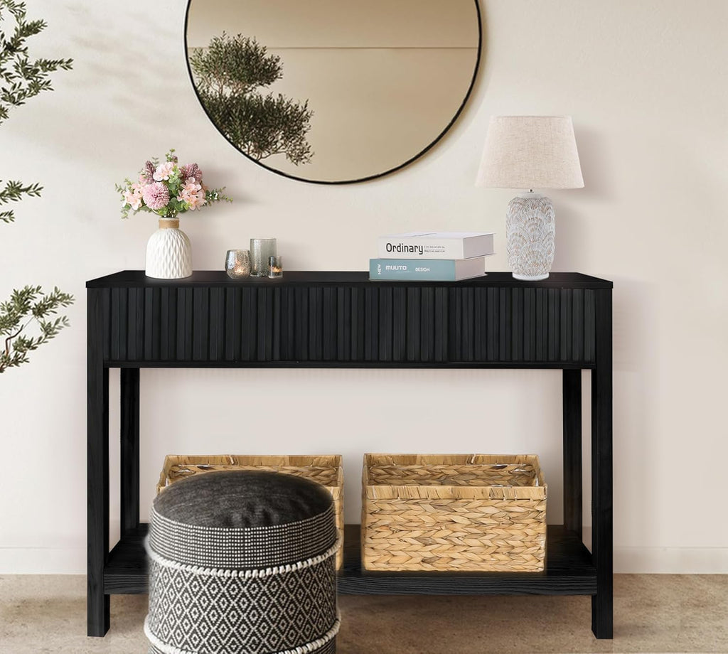 Fluted Console Table, Long Console Tables for Entryway 48" Vanity Desk, Black Boho Entry Table Narrow Modern Hallway Table Modern Sofa Table for Living Room