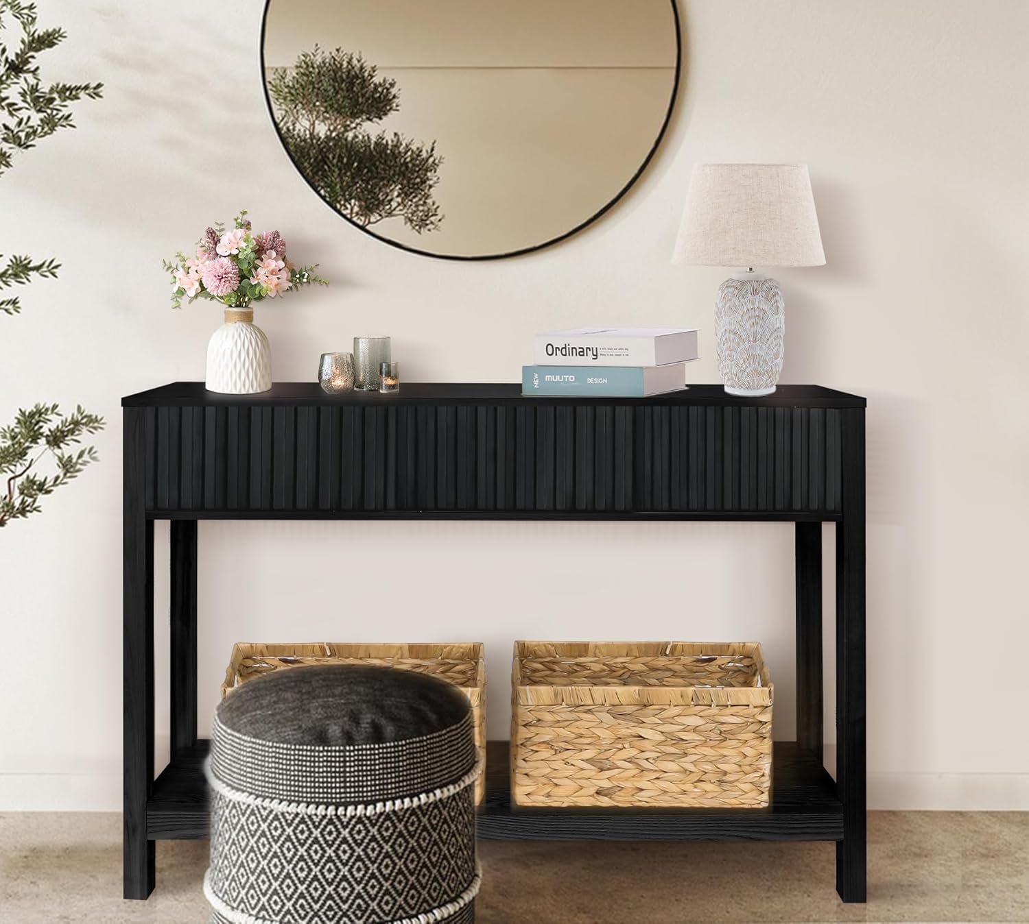 Fluted Console Table, Long Console Tables for Entryway 48" Vanity Desk, Black Boho Entry Table Narrow Modern Hallway Table Modern Sofa Table for Living Room