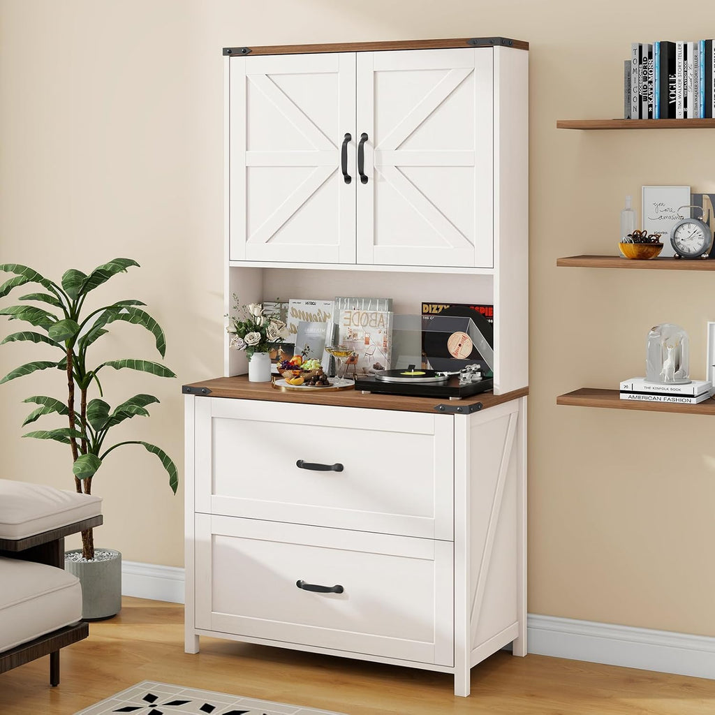 Halitaa Farmhouse 2 Drawer Lateral File Cabinet, Hanging File Storage for Legal/Letter/A4 Size, Adjustable Shelves, Printer Stand with Bookshelf, Rustic White Wood Cabinet for Home Office