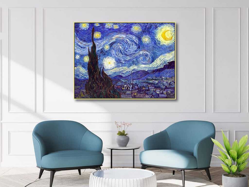 Wieco Art Large Framed Art Giclee Canvas Prints of Starry Night by Vincent Van Gogh Paintings Reproduction Post-Impressionism Artwork for Living Room Home Bedroom Decorations, 40x30inch (Framed)