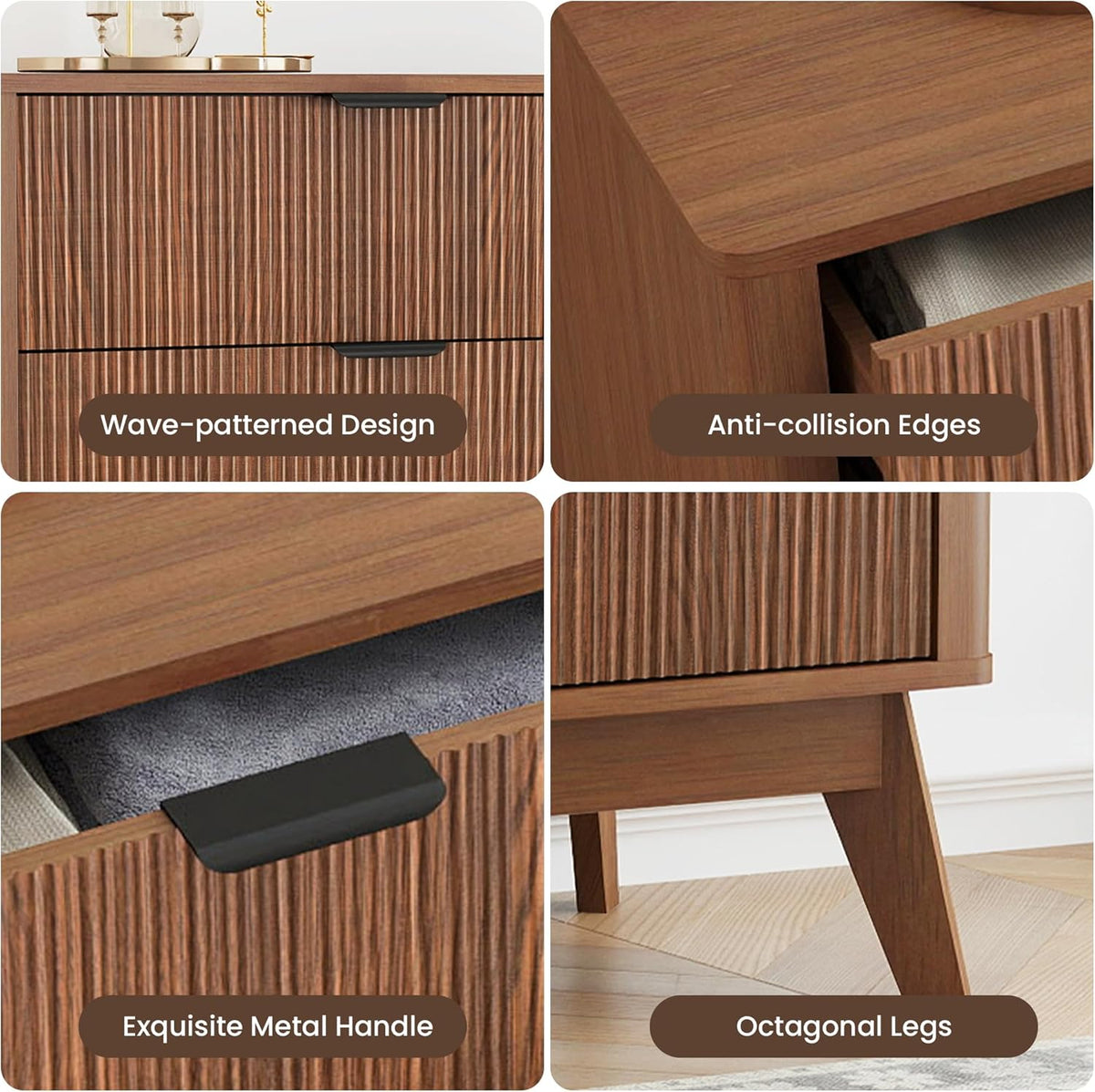 Fluted Dresser for Bedroom,59'' Modern Wooden Walnut Dresser with 9 Drawers, Bedroom Dressers, Natural Wood Chest of Drawers for Living Room, Hallway (Walnut)