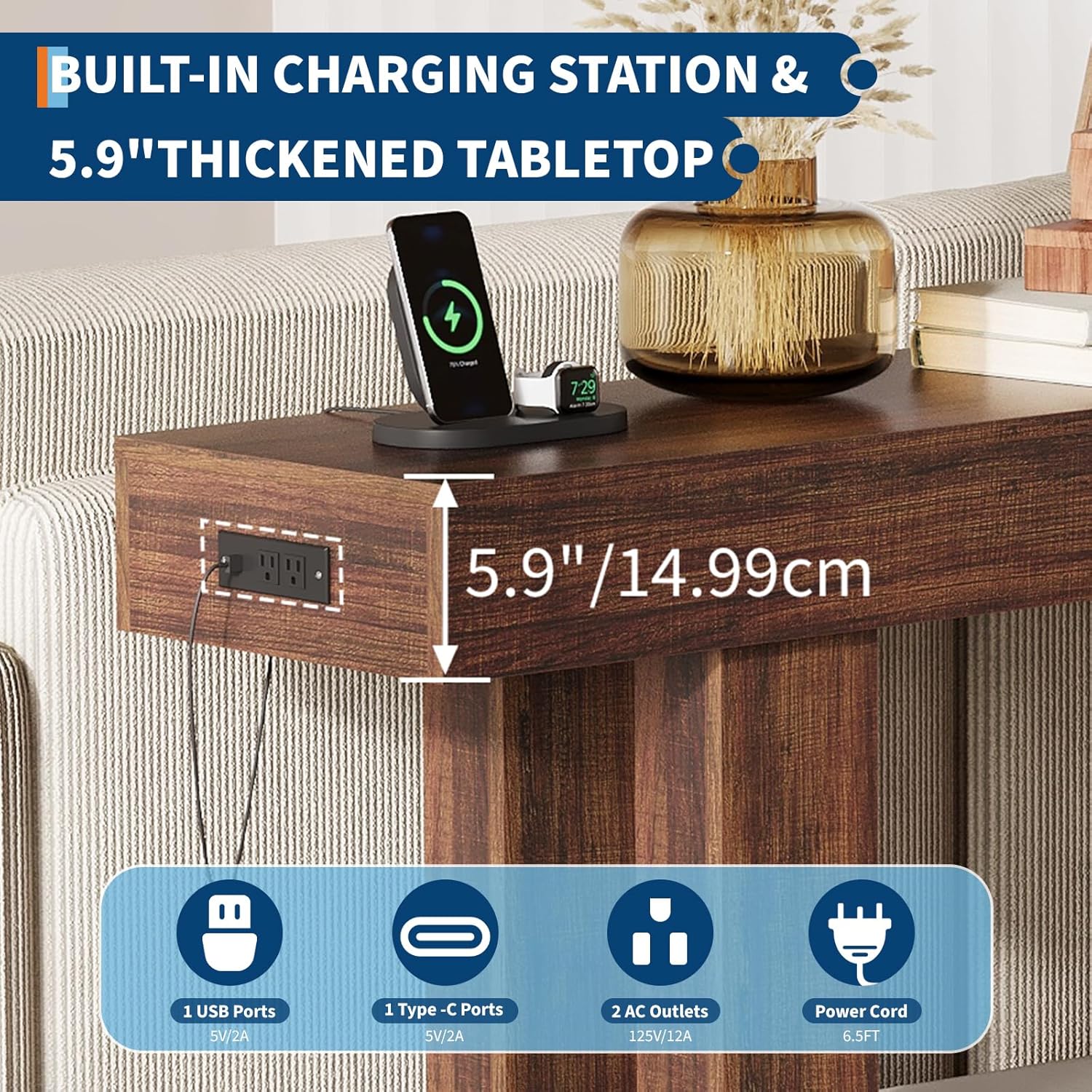 GAOMON 63 Inch Long Entry Table with Power Outlet, Farmhouse Narrow Console Table with Storage Behind Couch for Living Room, Wooden Hallway Foyer Table with Heavy Duty Base, Brown