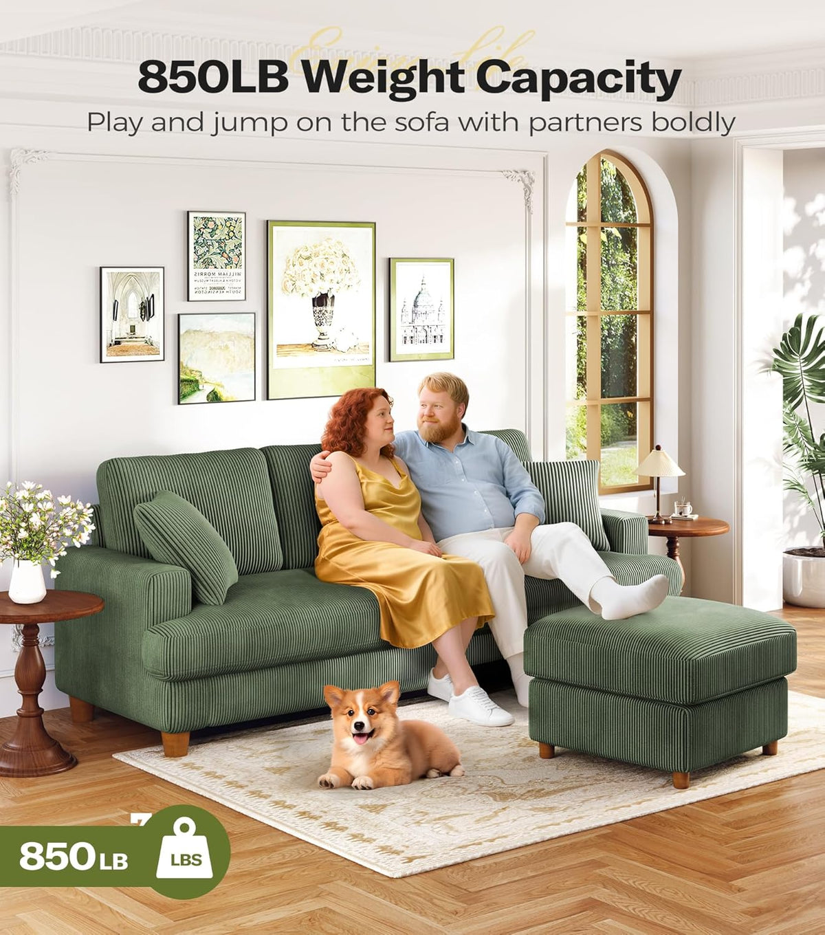 87in Corduroy Couch, Kidirect Sofa No Tool Assembly, Comfy Couches for Living Room 21in Deeper Seats, Corduroy Sofas for Living Room with 2 Pillows, Oversized Loveseat Sofa, Boho Love Seat Green Couch