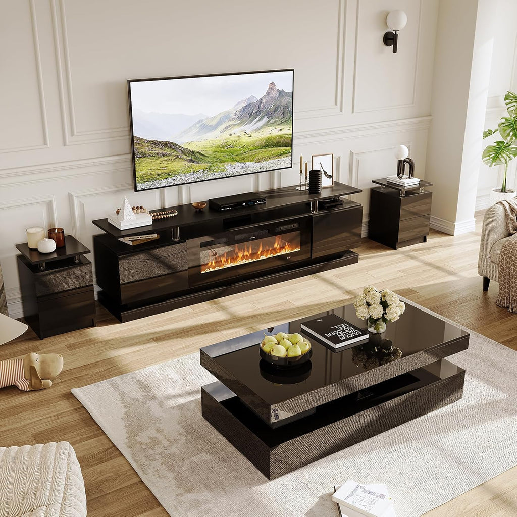 4-Piece Modern Living Room Table Set, Includes High Gloss 70" Fireplace TV Stand, 47" LED Coffee Table and 15" End Tables Set of 2 with Storage Drawers, Black