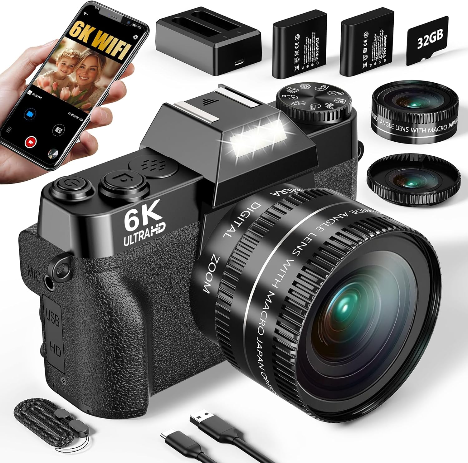 6K Digital Camera for Photography, 64MP Vlogging Camera for YouTube with 3" 180° Flip Screen, 16X Zoom Autofocus Compact Travel Beauty Cameras for Teens, with 32GB Micro SD Card