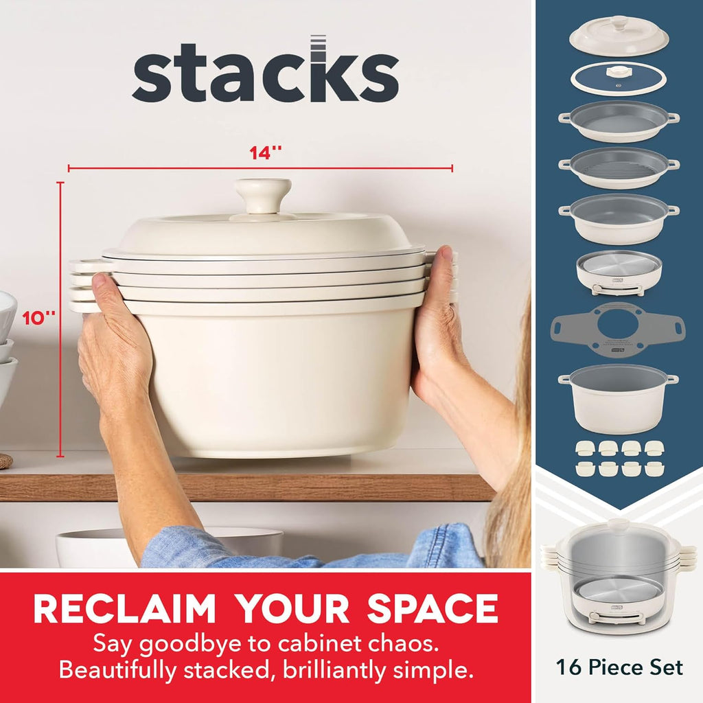 Dash Stacks Stacking Cookware Set with Electric Burner - Features CleanCoating™ Ceramic Nonstick Coating - Versatile, Nestable Pieces - Convenient Storage - Cream, 16-Piece
