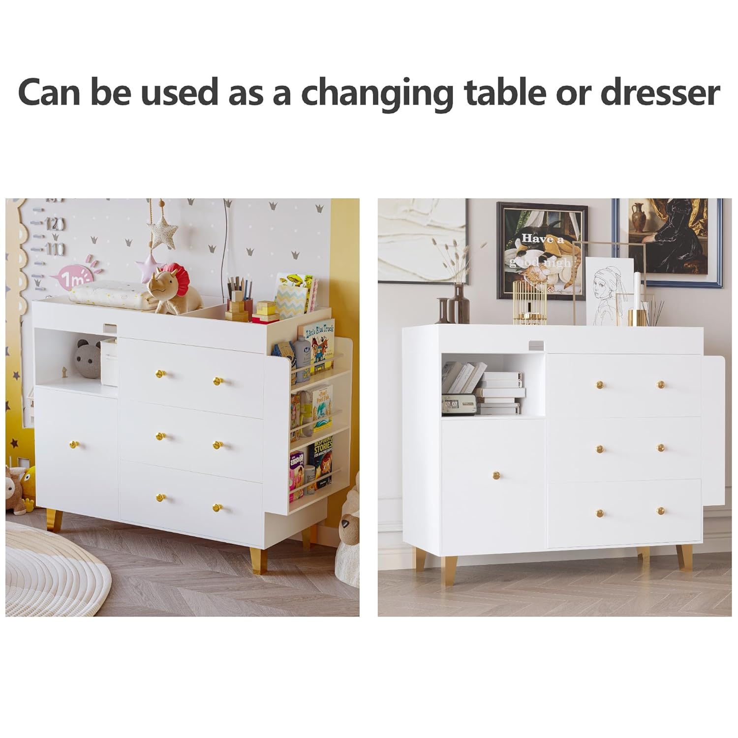 Wooden Baby Changing Table Dresser,Diaper Changing Table with Large Tabletop,4 Drawers, Open Storage Space & Side Shelves,Modern Storage Crib with Changing Table for Nurseries and Baby Rooms,White