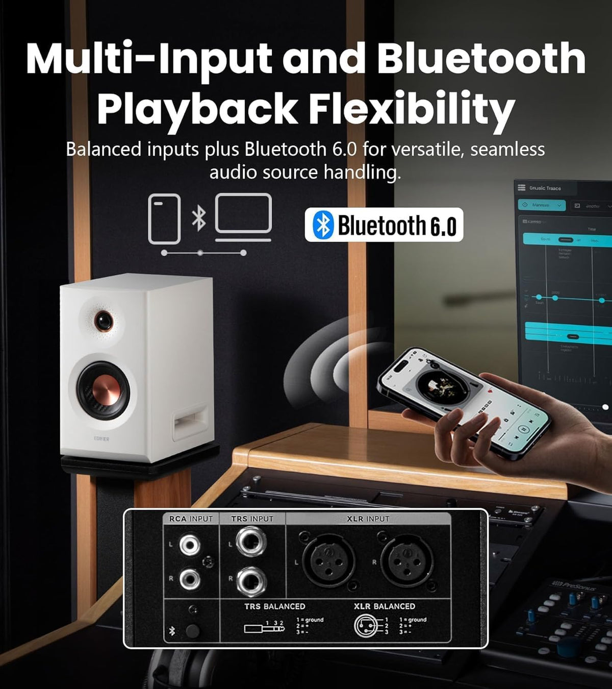 Edifier MR5 2.0 Studio Monitor Bookshelf Speakers, 110W(RMS), Hi-Res Audio, Bluetooth 6.0, 3-Way Active Design, Room Compensation, XLR/TRS/RCA Inputs, Compact Size for Home Studio & Music - Black