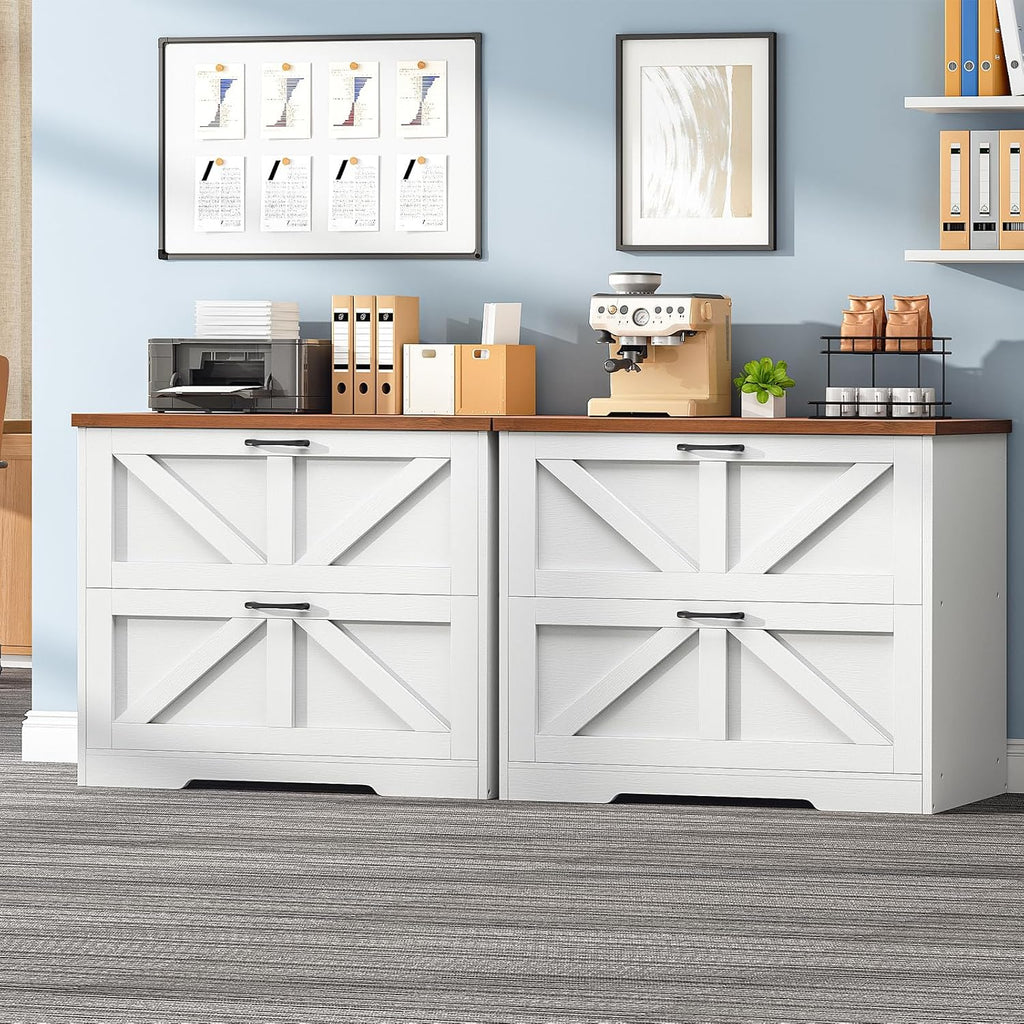 HOOBRO 2 Drawer File Cabinet, Farmhouse Lateral Filing Cabinet for Letter/A4/Legal Size, Large Wooden Office Storage Cabinet, Printer Stand for Home Office, White and Walnut WH48WJ01