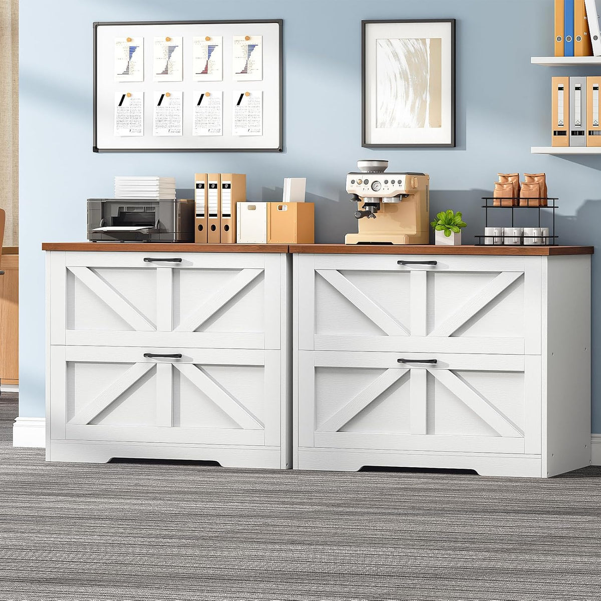 HOOBRO 2 Drawer File Cabinet, Farmhouse Lateral Filing Cabinet for Letter/A4/Legal Size, Large Wooden Office Storage Cabinet, Printer Stand for Home Office, White and Walnut WH48WJ01